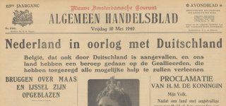 Voorpagina Algemeen Handelsblad van vrijdag 10 mei 1940. Met nieuws over de inval van Duitsland en een foto van koningin Wilhelmina.