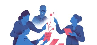 Tekening van vier mensen die gegevens bespreken die uit een geopende laptop lijken te komen,.