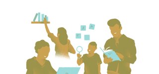 Tekening van mensen die op verschillende manieren onderzoek doen: iemand grijpt naar een boek, iemand lees in een boek, iemand leest op een laptop en de laatste kijkt door een vergrootglas.