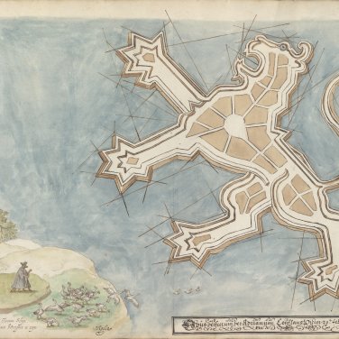 Een oude kaart waarop Nederland een vestingstad in de vorm van een leeuw wordt getoond.