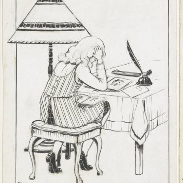 Tekening van een meisje dat aan tafel leest, met naast haar een staande lamp en inkt op de tafel.