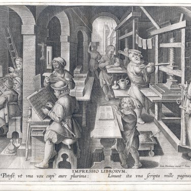 Een tekening van de uitvinding van de boekdrukkunst