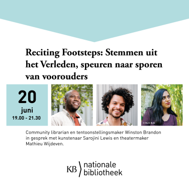 Aankondiging van het evenement Reciting Footsteps met informatie en portretten van de sprekers