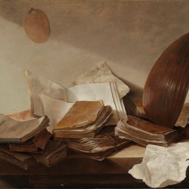 Schilderij met boeken en papier.